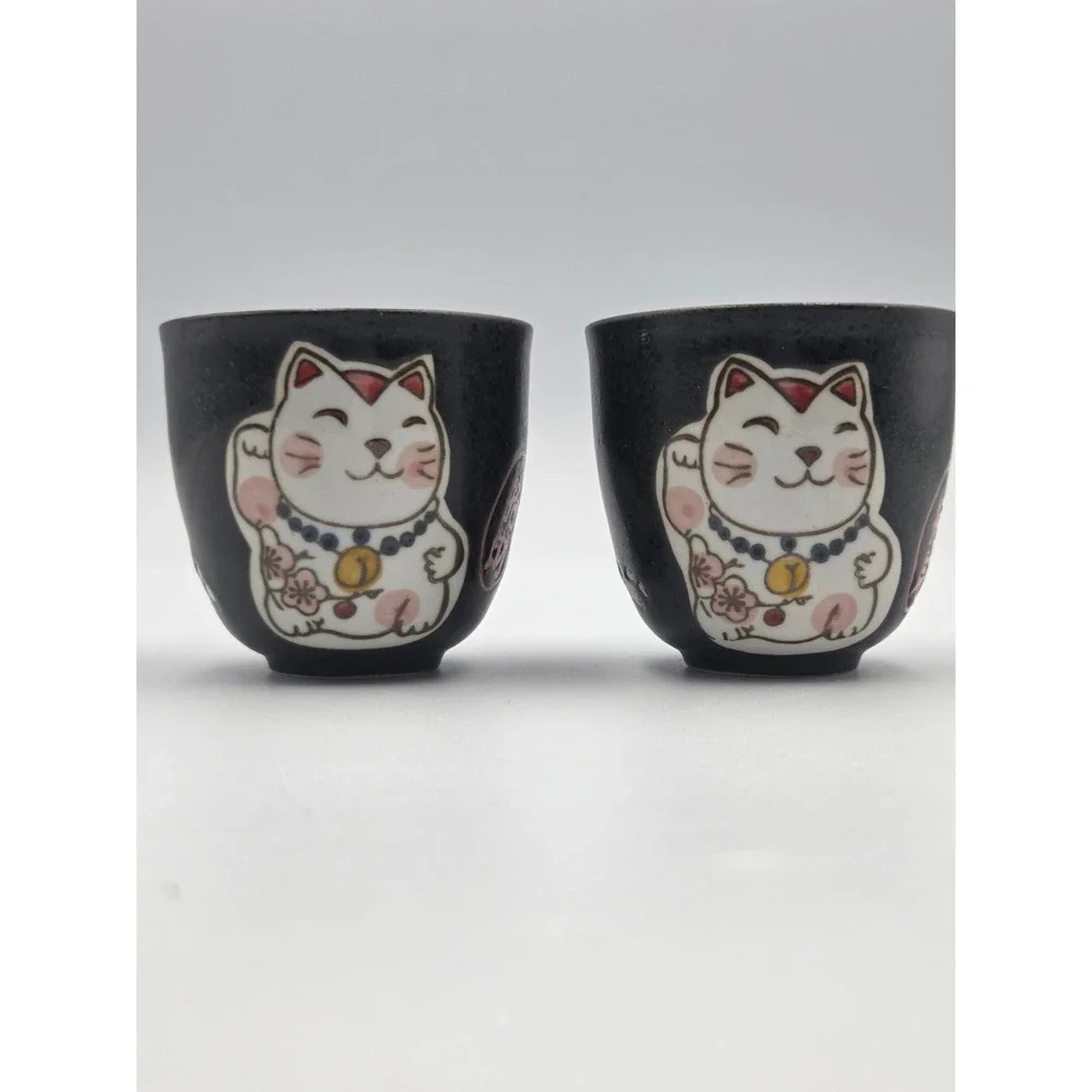 Japanese Maneki Neko Lucky Cat Tea Cup – Ceramic Fortune Cup Lot Of 2